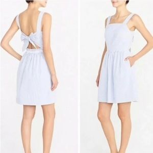 J. Crew seersucker apron dress, bow tie back, blue & white stripe, nwot! Medium!